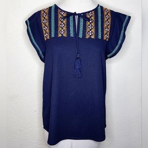 Adrianna Papell Navy Blue Waffle Knit Embroidered Top Sz M Flutter Sleeves w Tie